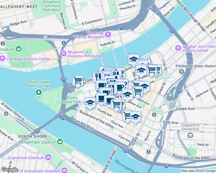 map of restaurants, bars, coffee shops, grocery stores, and more near 142 6th Street in Pittsburgh