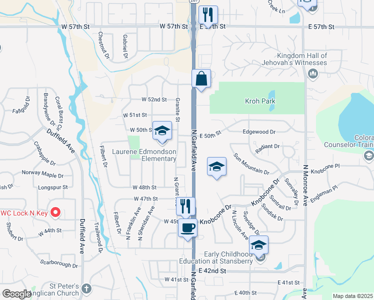 map of restaurants, bars, coffee shops, grocery stores, and more near 4928 Basswood Drive in Loveland