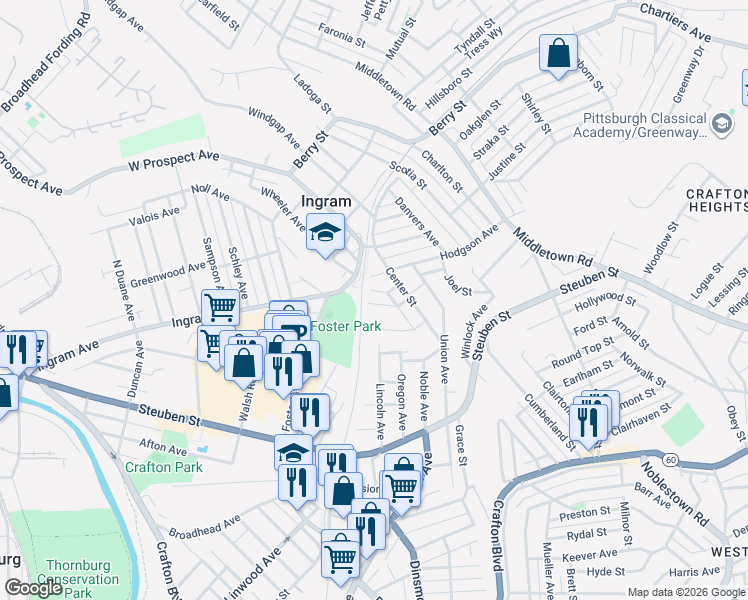 map of restaurants, bars, coffee shops, grocery stores, and more near 36 Chapman Street in Pittsburgh