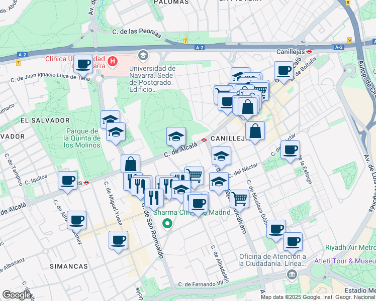 map of restaurants, bars, coffee shops, grocery stores, and more near 544 Calle de Alcalá in Madrid