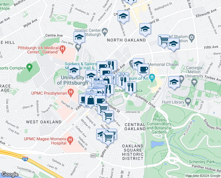 map of restaurants, bars, coffee shops, grocery stores, and more near 3955 Forbes Avenue in Pittsburgh