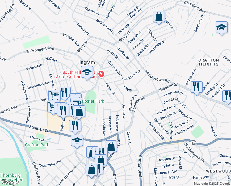 map of restaurants, bars, coffee shops, grocery stores, and more near in Ingram