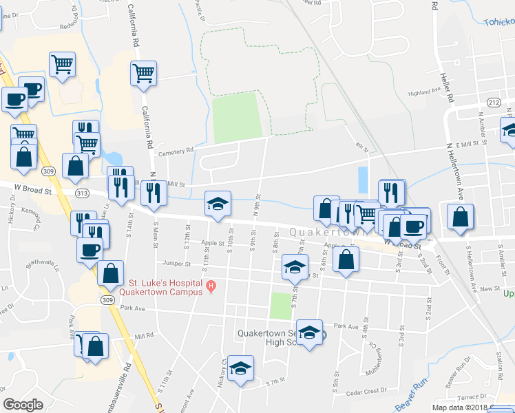 map of restaurants, bars, coffee shops, grocery stores, and more near 23 North 9th Street in Quakertown