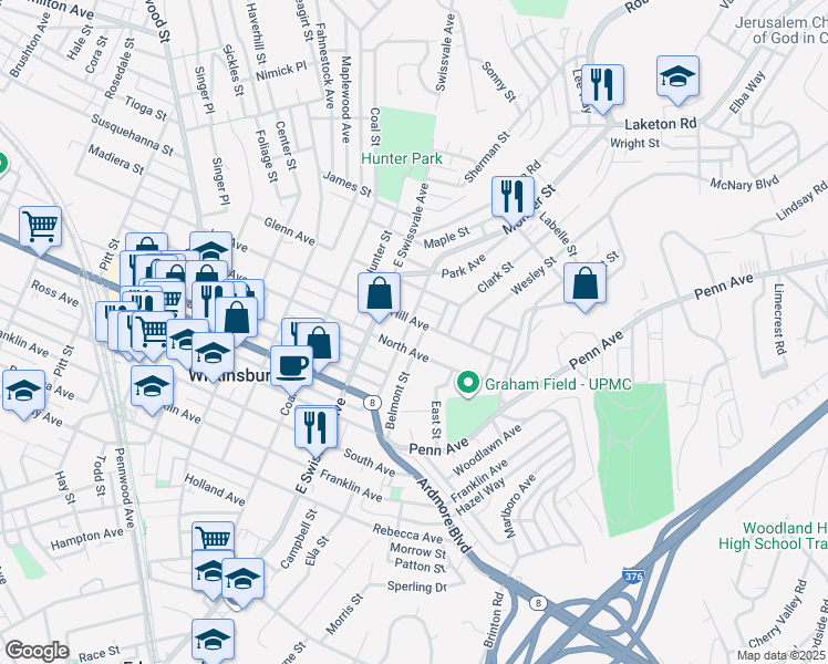 map of restaurants, bars, coffee shops, grocery stores, and more near 1212 Montier St in Pittsburgh
