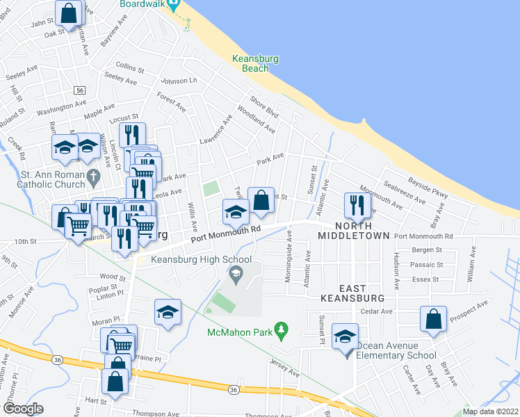 map of restaurants, bars, coffee shops, grocery stores, and more near 1 Beacon Terrace in Keansburg