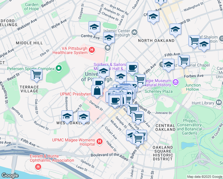 map of restaurants, bars, coffee shops, grocery stores, and more near 412 De Soto Street in Pittsburgh