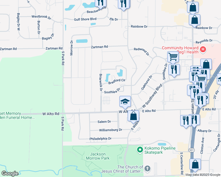 map of restaurants, bars, coffee shops, grocery stores, and more near 610 Southlea Drive in Kokomo