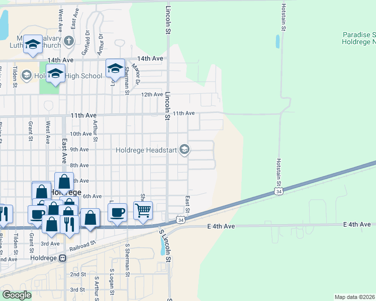 map of restaurants, bars, coffee shops, grocery stores, and more near 844 East Street in Holdrege