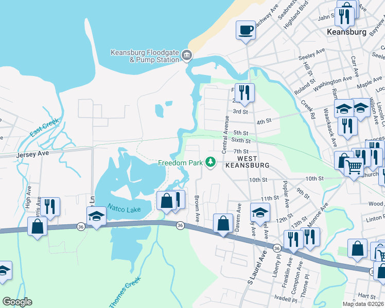 map of restaurants, bars, coffee shops, grocery stores, and more near 198 South Park Avenue in Keansburg
