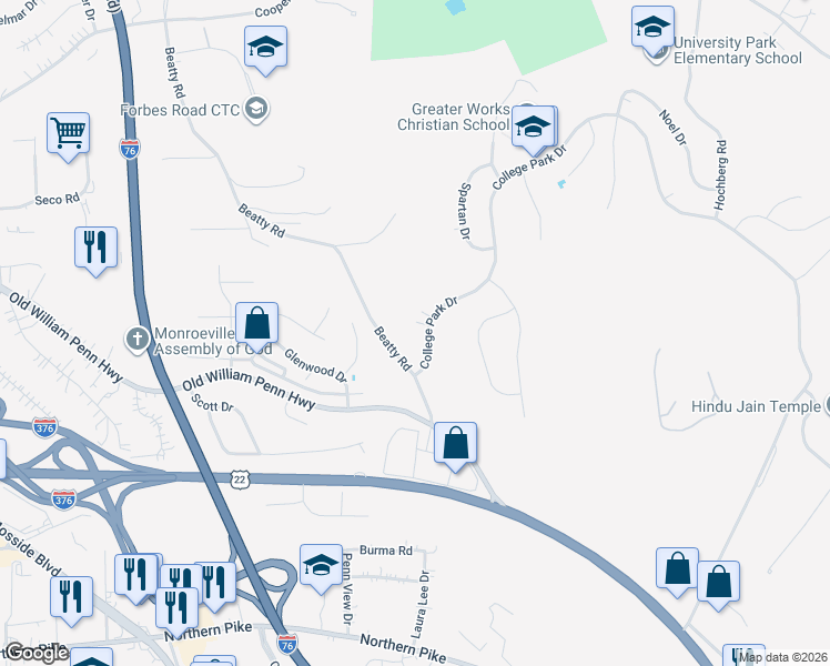 map of restaurants, bars, coffee shops, grocery stores, and more near 113 College Park Dr in Monroeville