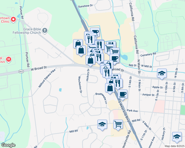 map of restaurants, bars, coffee shops, grocery stores, and more near 15 Kenwood Circle in Quakertown