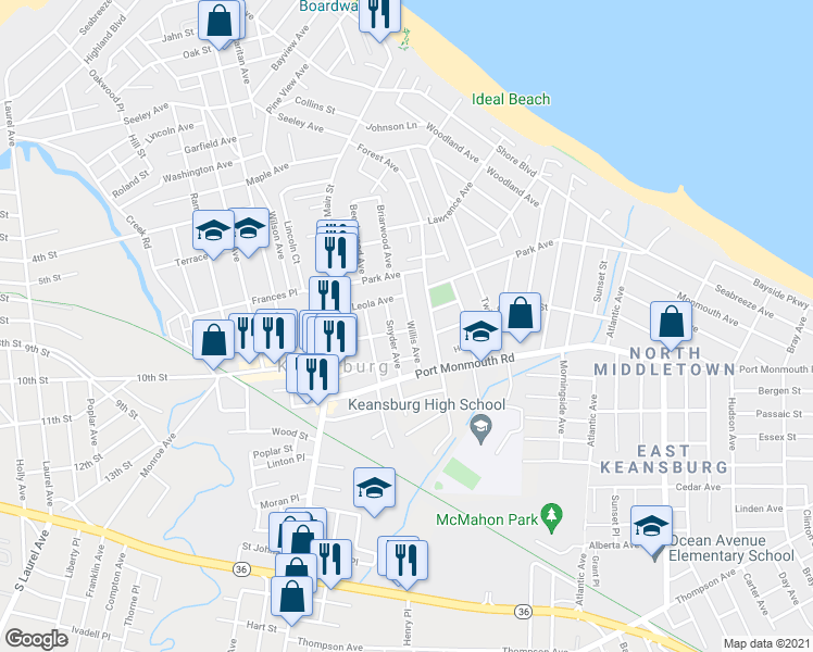 map of restaurants, bars, coffee shops, grocery stores, and more near 41 Willis Ave in Keansburg