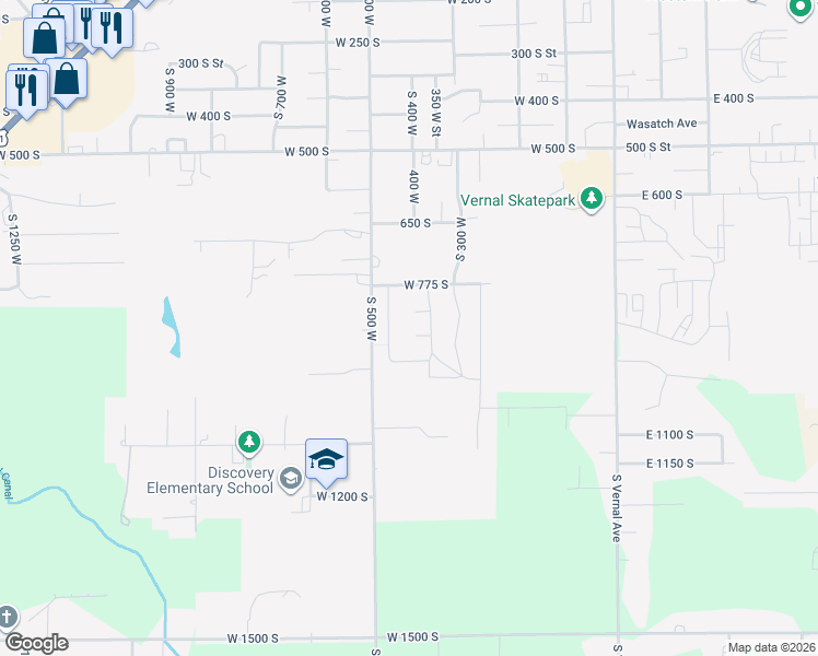map of restaurants, bars, coffee shops, grocery stores, and more near 356 West 850 South in Vernal