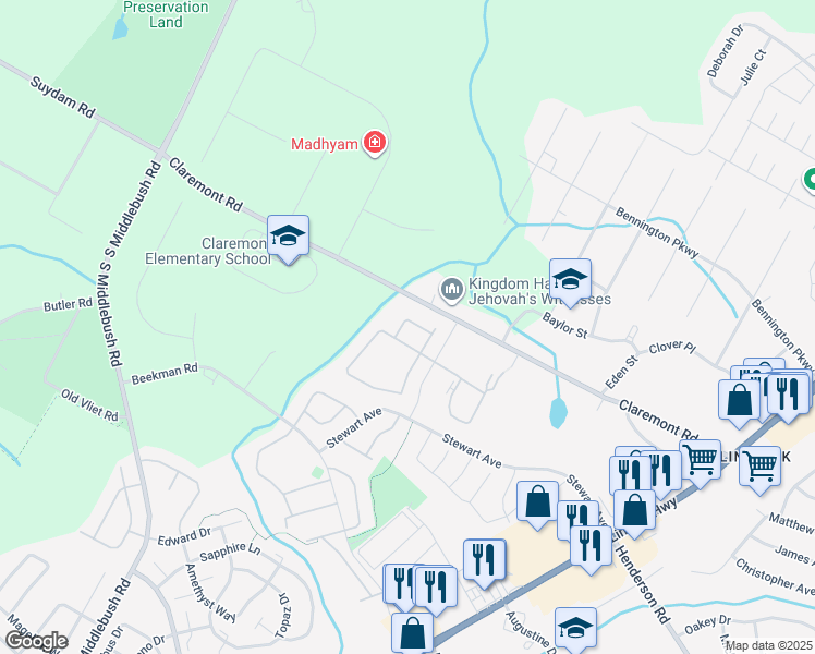 map of restaurants, bars, coffee shops, grocery stores, and more near 112 Pear Tree Lane in Franklin Township