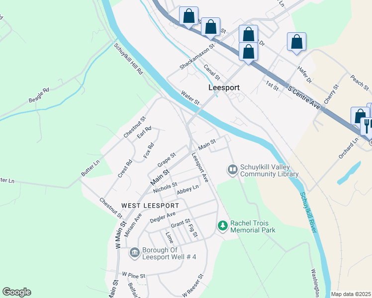 map of restaurants, bars, coffee shops, grocery stores, and more near 52 Lee Street in Leesport