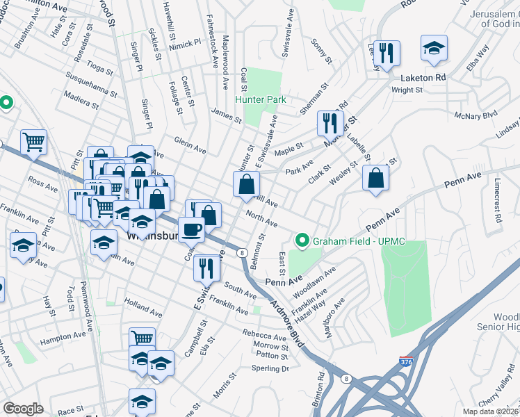 map of restaurants, bars, coffee shops, grocery stores, and more near 1212 Montier Street in Pittsburgh