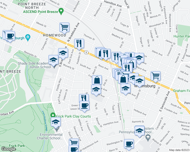 map of restaurants, bars, coffee shops, grocery stores, and more near 419 Franklin Avenue in Pittsburgh