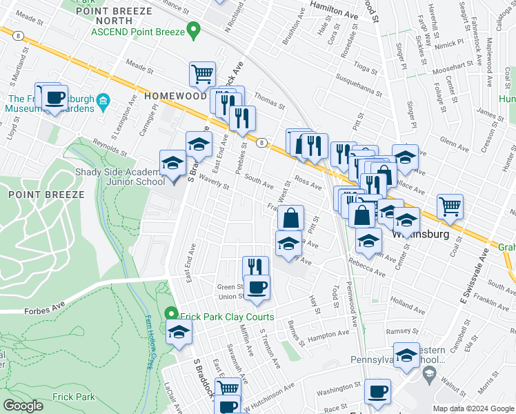 map of restaurants, bars, coffee shops, grocery stores, and more near 318 Franklin Avenue in Pittsburgh