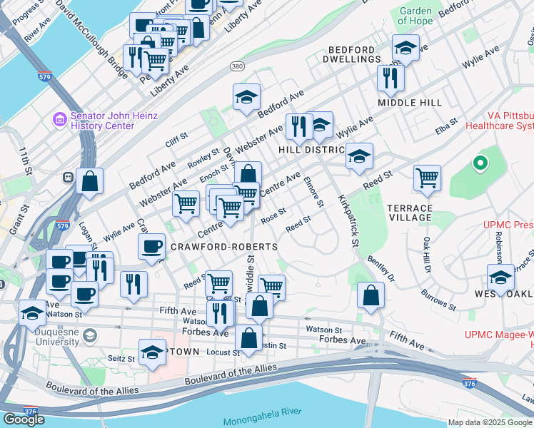 map of restaurants, bars, coffee shops, grocery stores, and more near in Pittsburgh