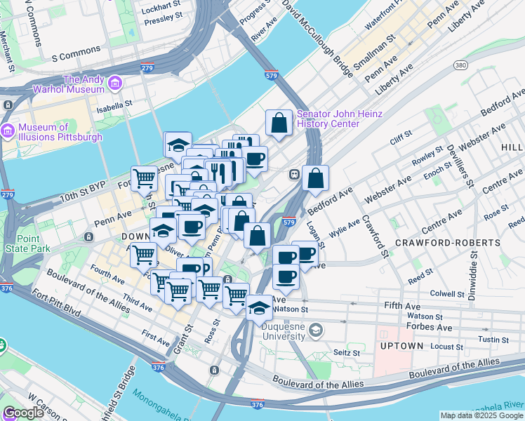 map of restaurants, bars, coffee shops, grocery stores, and more near in Pittsburgh