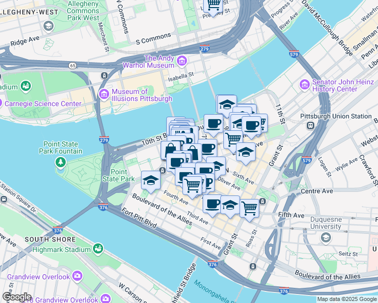 map of restaurants, bars, coffee shops, grocery stores, and more near 142 6th Street in Pittsburgh