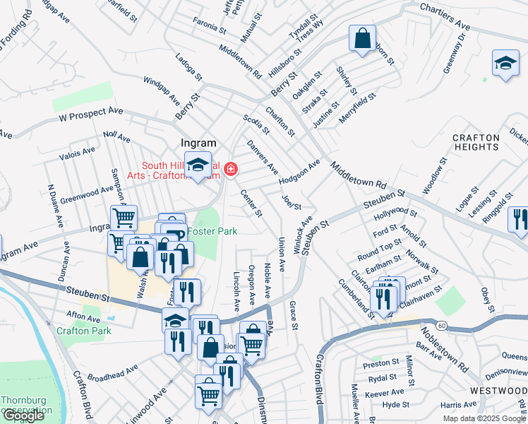 map of restaurants, bars, coffee shops, grocery stores, and more near in Ingram