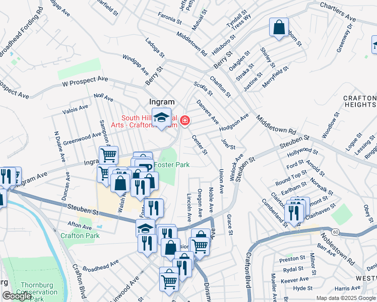 map of restaurants, bars, coffee shops, grocery stores, and more near 36 Chapman Street in Pittsburgh