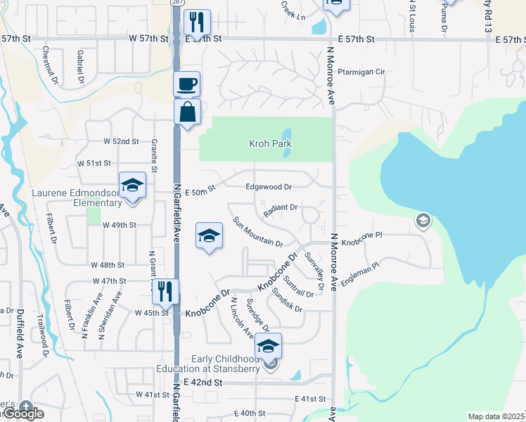 map of restaurants, bars, coffee shops, grocery stores, and more near 401 Radiant Drive in Loveland