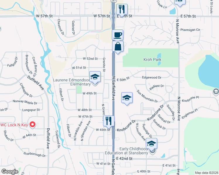 map of restaurants, bars, coffee shops, grocery stores, and more near 4930 Basswood Drive in Loveland