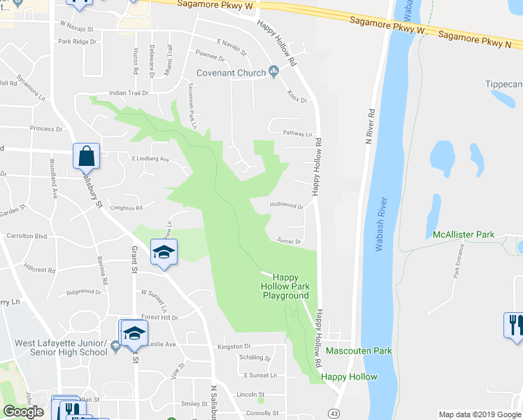 map of restaurants, bars, coffee shops, grocery stores, and more near 301 Hollowood Drive in West Lafayette