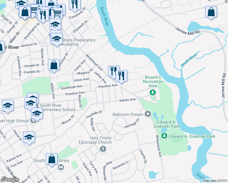 map of restaurants, bars, coffee shops, grocery stores, and more near 11 Schack Avenue in South River