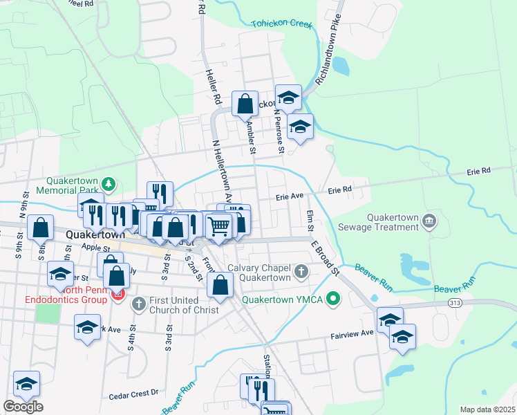 map of restaurants, bars, coffee shops, grocery stores, and more near 54 North Ambler Street in Quakertown