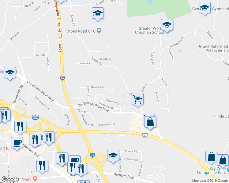 map of restaurants, bars, coffee shops, grocery stores, and more near 100 Camberly Drive in Monroeville