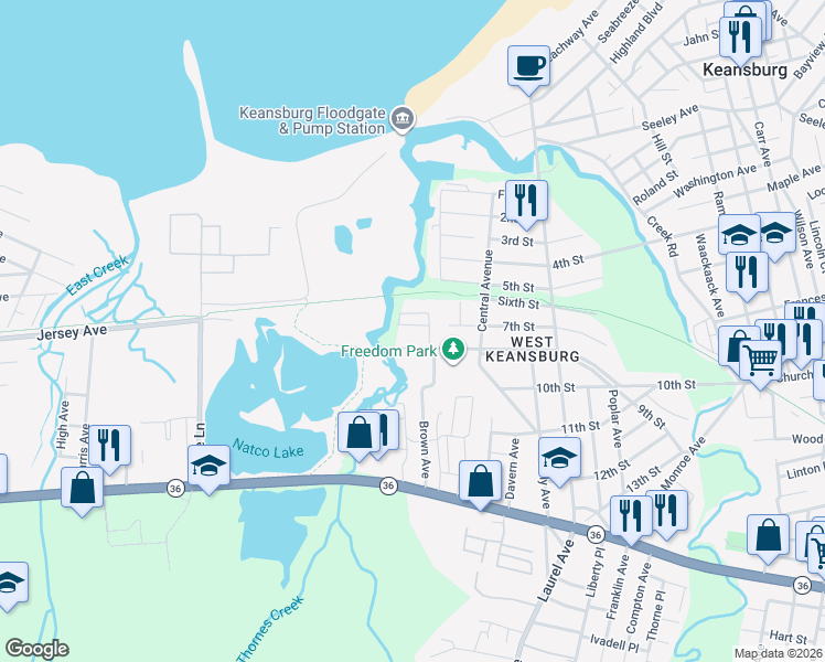 map of restaurants, bars, coffee shops, grocery stores, and more near 144 7th Street in Keansburg