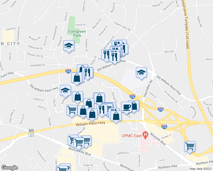 map of restaurants, bars, coffee shops, grocery stores, and more near 306 McMasters Drive in Monroeville