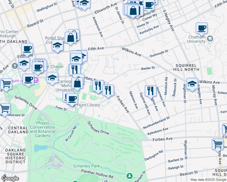 map of restaurants, bars, coffee shops, grocery stores, and more near 5160 Forbes Avenue in Pittsburgh