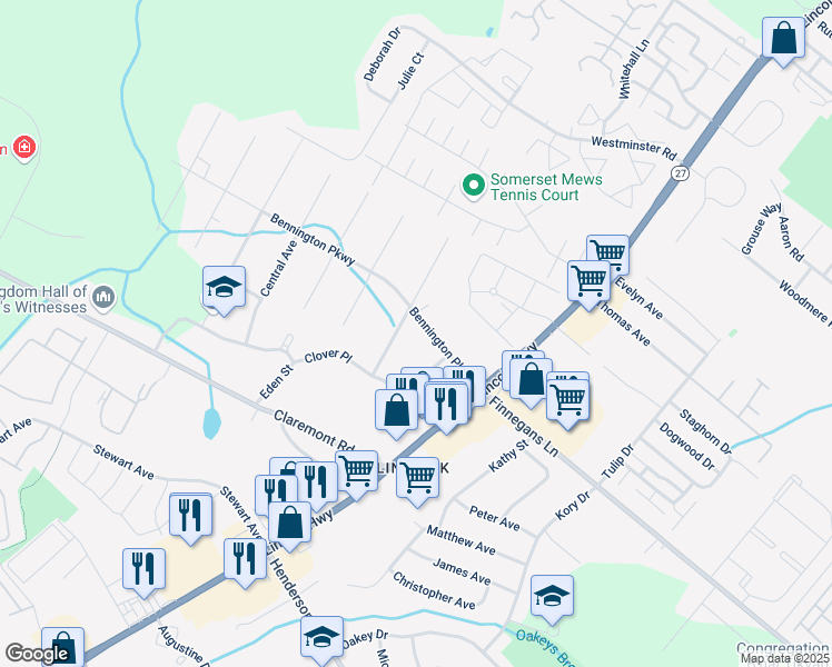 map of restaurants, bars, coffee shops, grocery stores, and more near 35 Bennington Parkway in Franklin Park