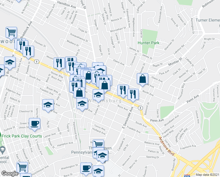 map of restaurants, bars, coffee shops, grocery stores, and more near 810 Taylor Way in Pittsburgh
