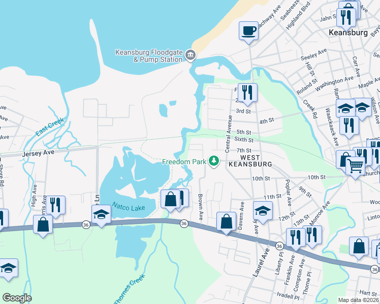 map of restaurants, bars, coffee shops, grocery stores, and more near 144 7th Street in Keansburg