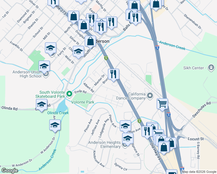 map of restaurants, bars, coffee shops, grocery stores, and more near 2585 West Hillside Drive in Anderson