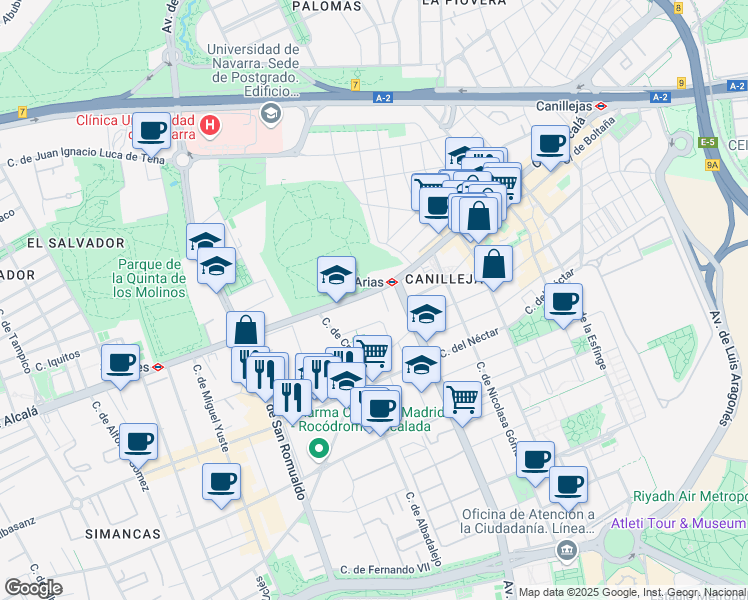 map of restaurants, bars, coffee shops, grocery stores, and more near 546 Calle de Alcalá in Madrid