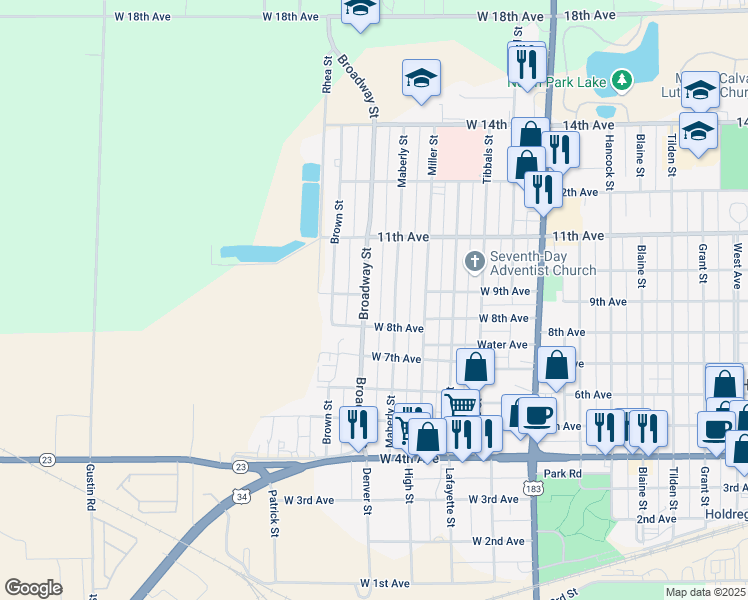 map of restaurants, bars, coffee shops, grocery stores, and more near 800-898 Broadway Street in Holdrege