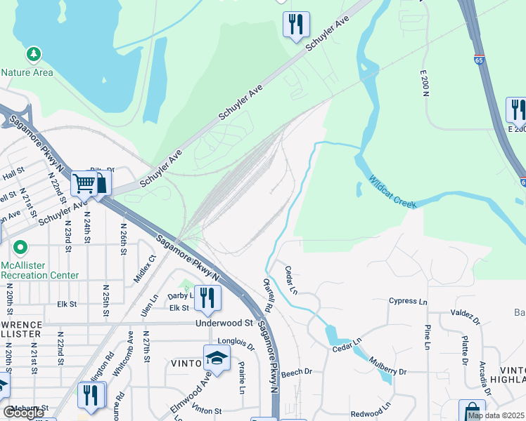 map of restaurants, bars, coffee shops, grocery stores, and more near 2245 Sagamore Parkway North in Lafayette