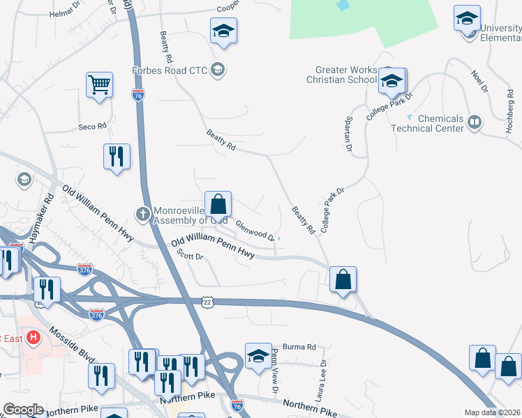 map of restaurants, bars, coffee shops, grocery stores, and more near 100 Camberly Drive in Monroeville