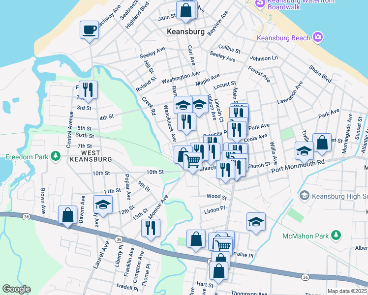 map of restaurants, bars, coffee shops, grocery stores, and more near 161 Ramsey Avenue in Keansburg