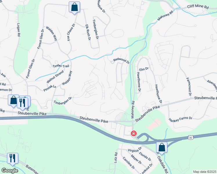 map of restaurants, bars, coffee shops, grocery stores, and more near 227 Valleyview Drive in Oakdale