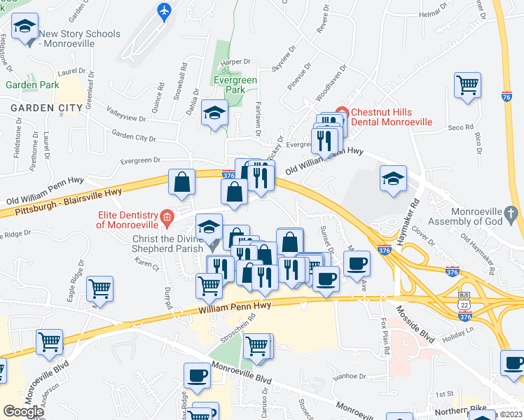 map of restaurants, bars, coffee shops, grocery stores, and more near 279 Center Road in Monroeville