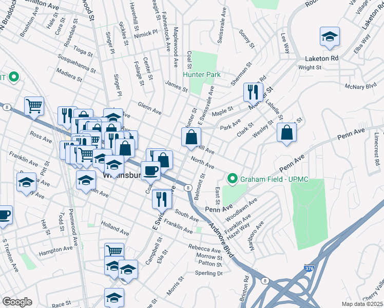 map of restaurants, bars, coffee shops, grocery stores, and more near 1200 East Swissvale Avenue in Pittsburgh