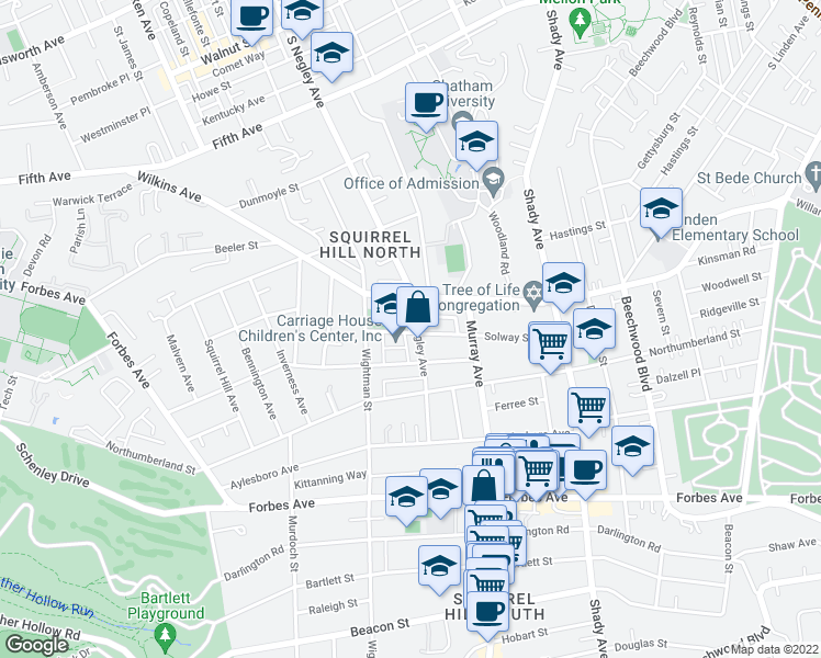 map of restaurants, bars, coffee shops, grocery stores, and more near 1326 South Negley Avenue in Pittsburgh