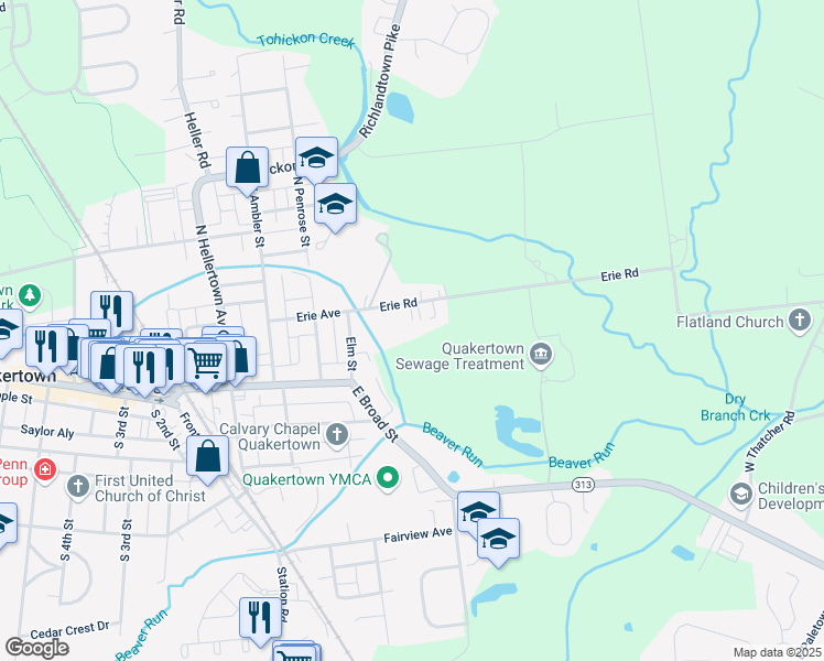 map of restaurants, bars, coffee shops, grocery stores, and more near 554 Erie Road in Quakertown